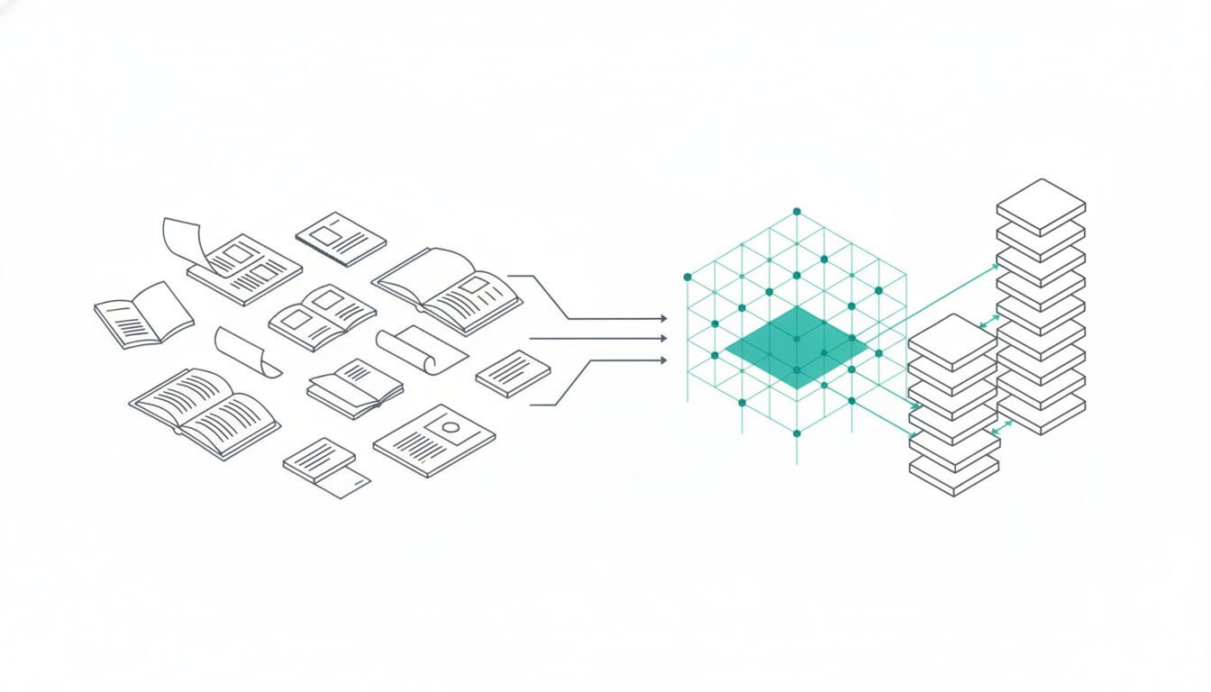 Isometric line-art illustration: scattered documents, manuals and slide decks on the left pass through a structured framework grid and emerge as an ordered stack of learning modules.