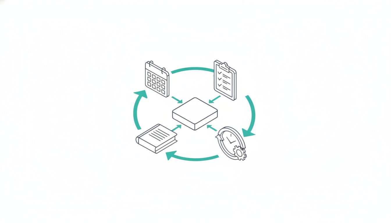 Isometric line-art illustration: a central platform surrounded by a continuous cycle connecting a calendar, a checklist, a records ledger and a renewal clock.