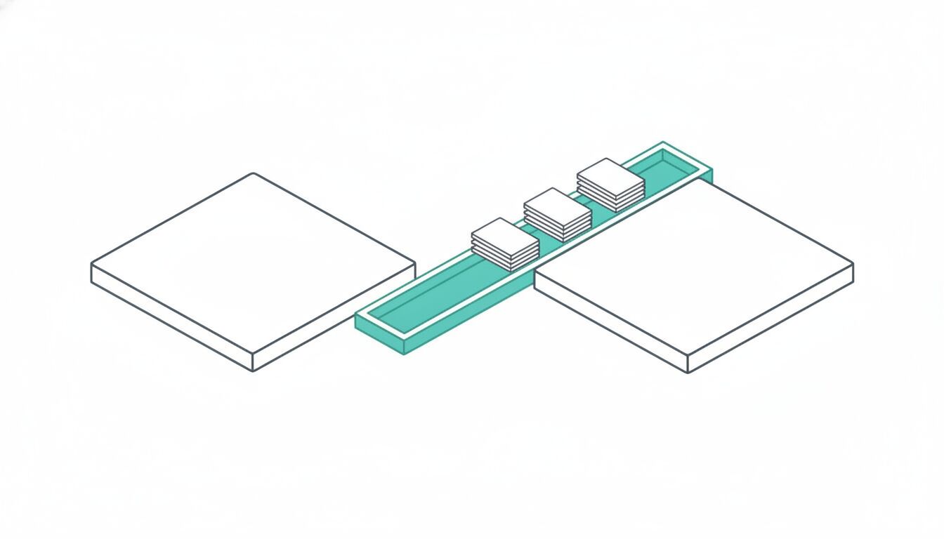 Isometric line-art illustration: two separate work platforms joined by a single channel carrying stacked deliverables from one to the other.